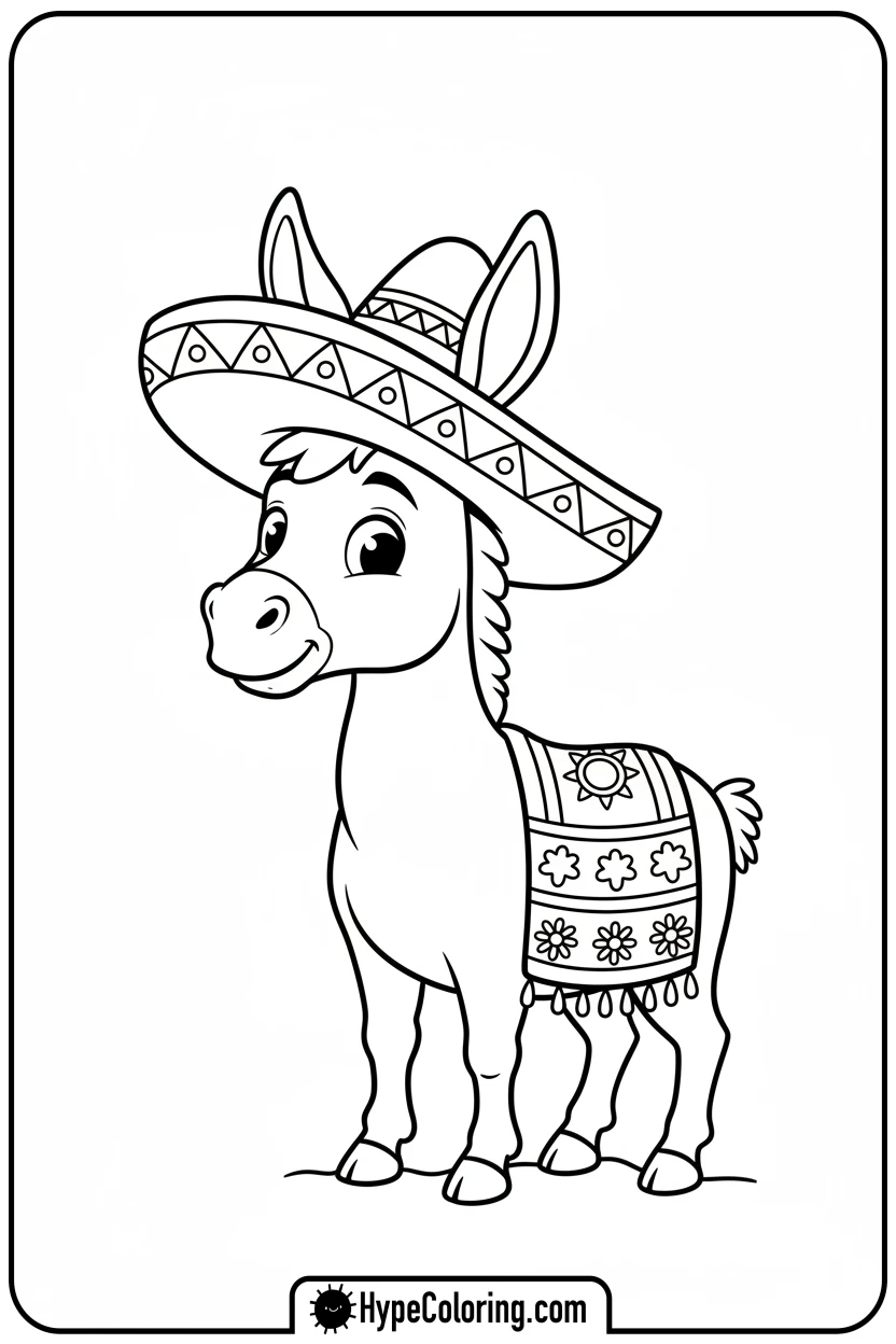 Click to download PDF cartoon-donkey-in-sombrero - cinco de mayo coloring pages