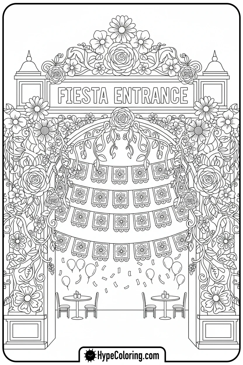 Click to download PDF festive-archway-with-flowers - cinco de mayo coloring pages