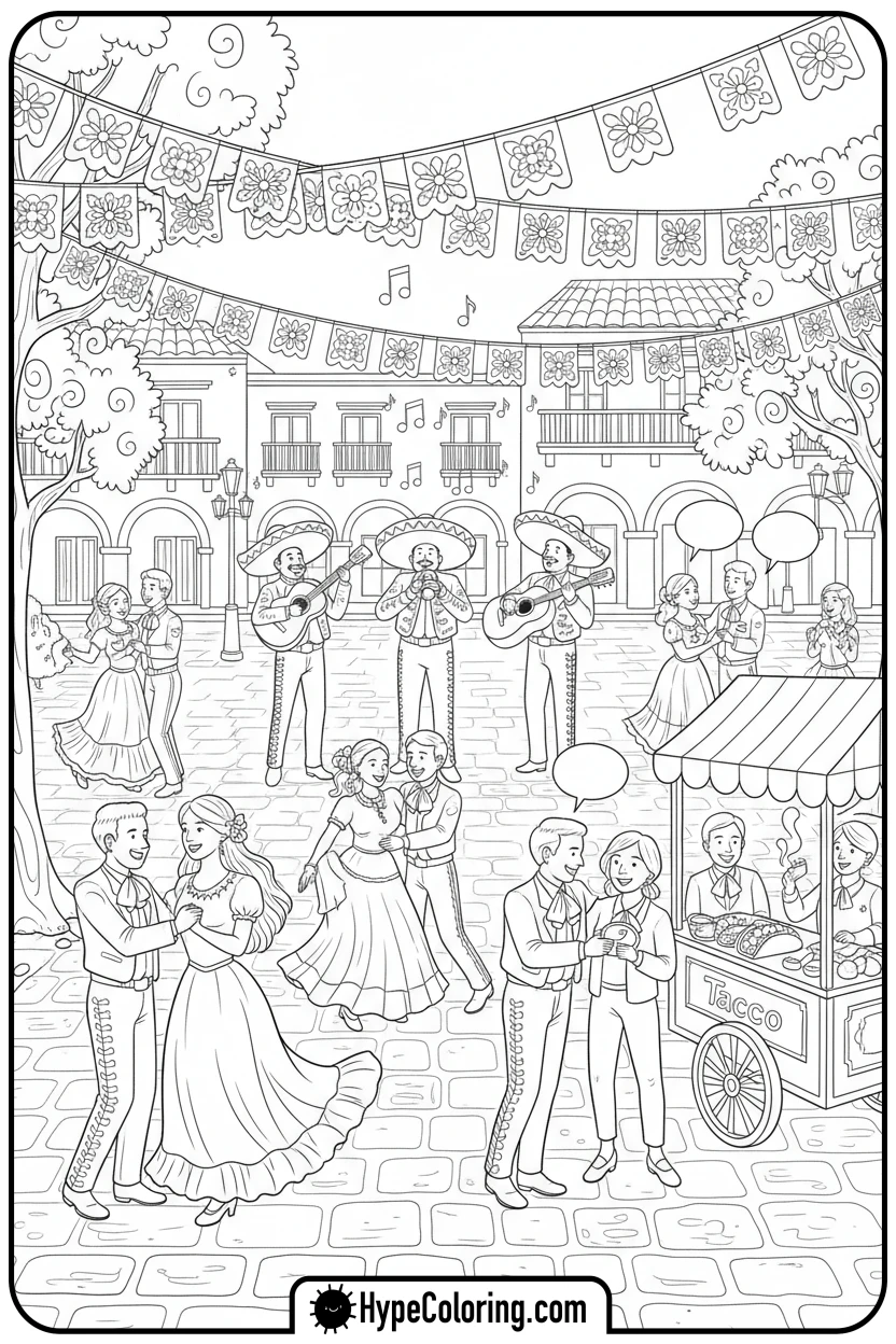 Click to download PDF bustling-cinco-de-mayo-town-square - cinco de mayo coloring pages