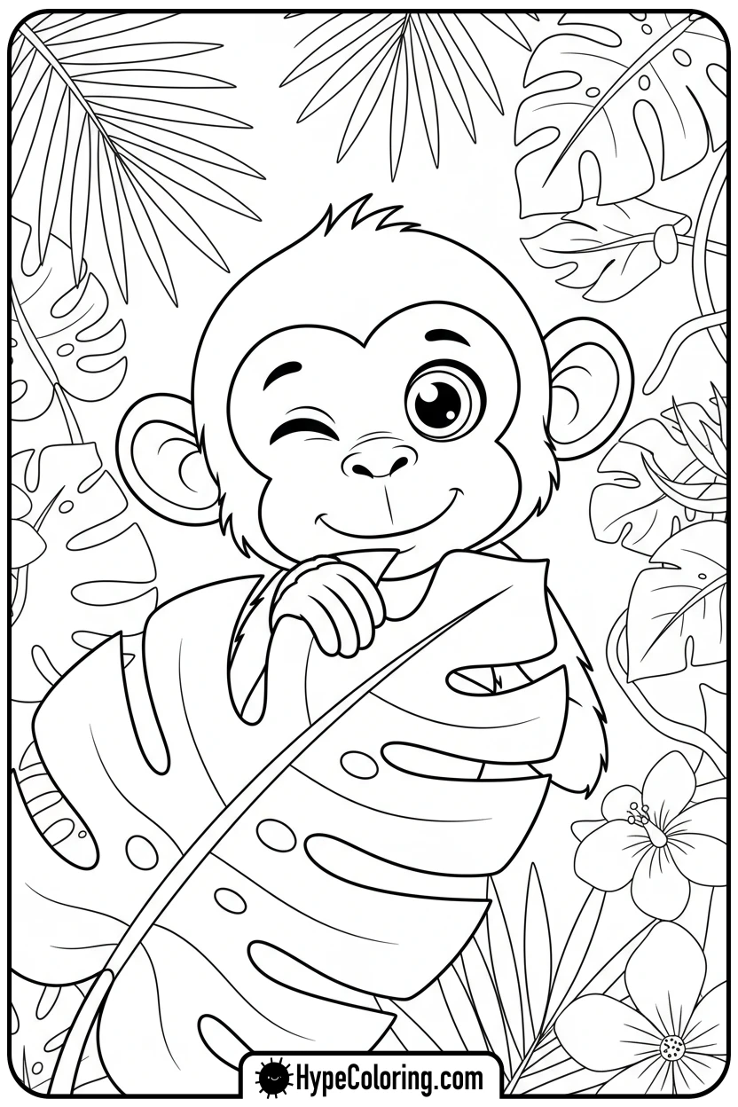 monkey-peeking-from-leaf - coloring monkey pages