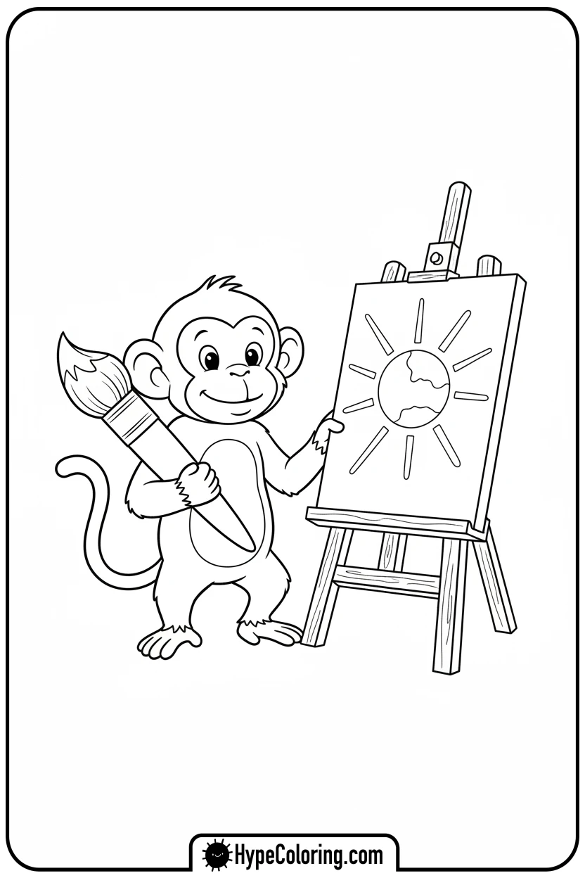 monkey-painting-at-easel - coloring monkey pages