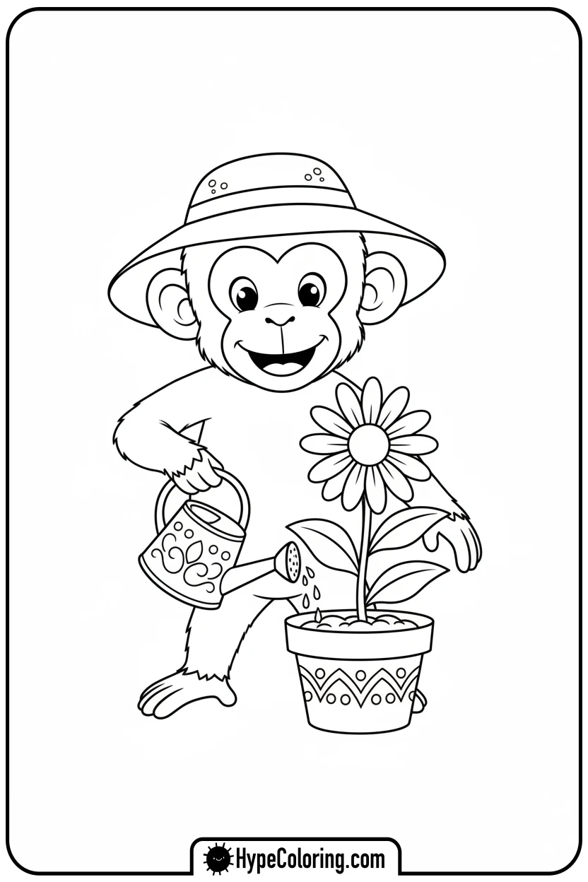 monkey-watering-flower - coloring monkey pages