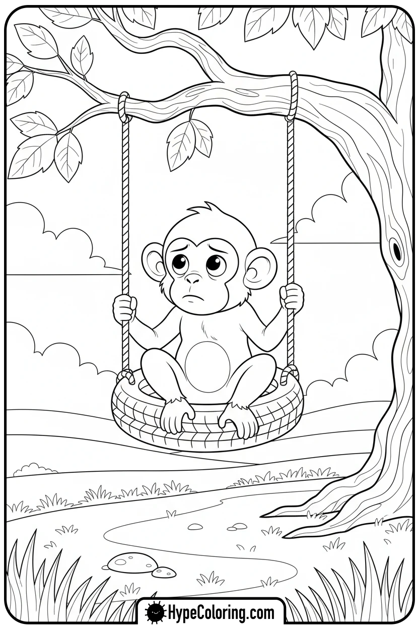 monkey-on-tire-swing - coloring monkey pages