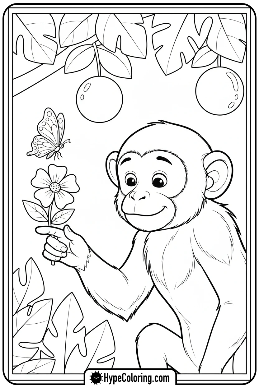 monkey-offering-flower-to-butterfly - coloring monkey pages