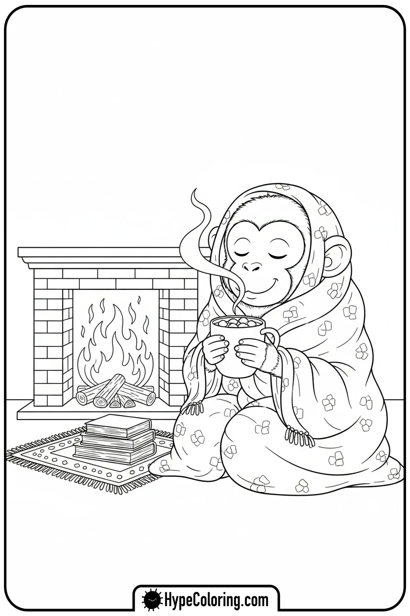 monkey-with-cocoa-by-fire - coloring monkey pages
