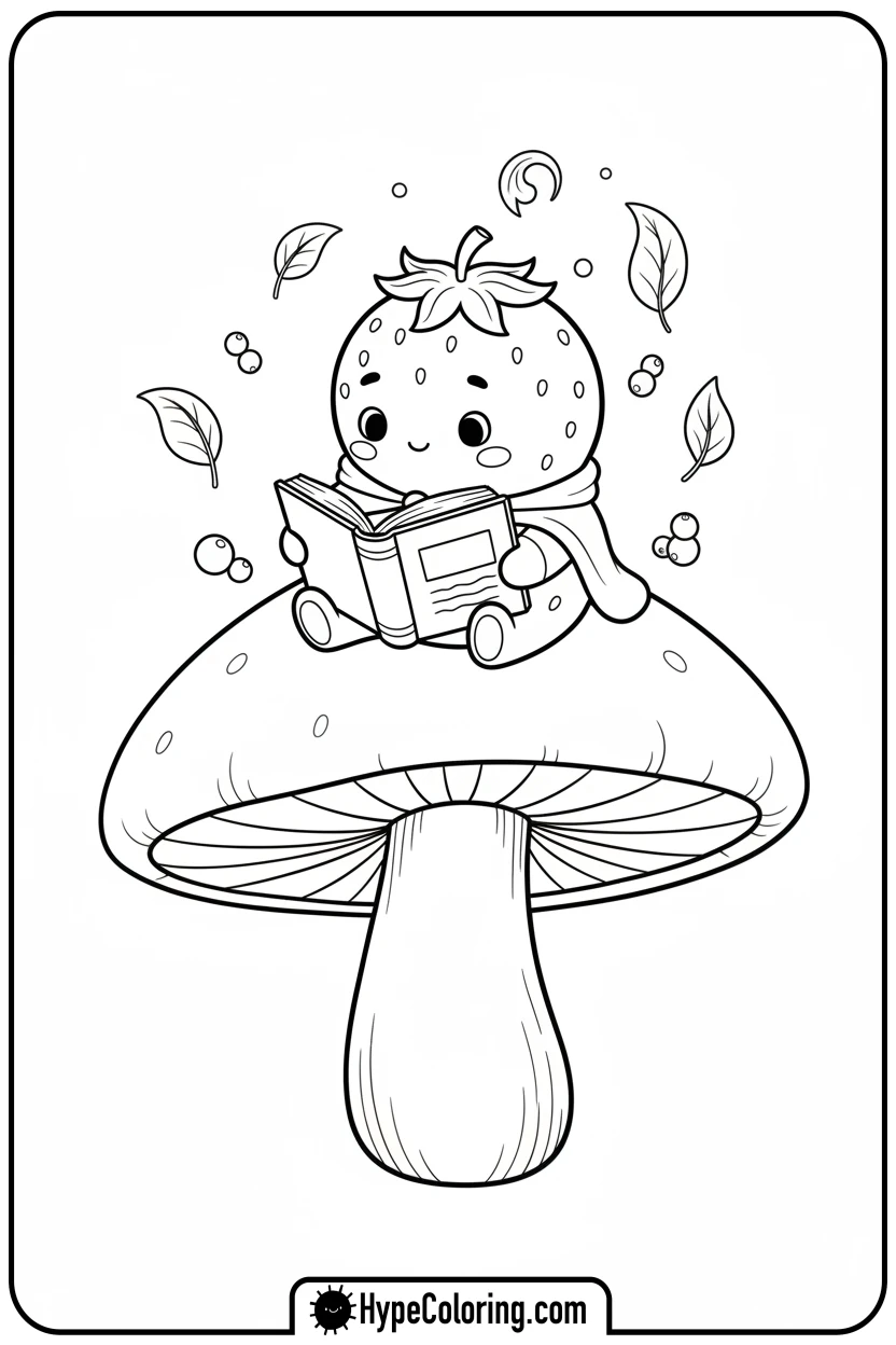 strawberry-reading-book-on-mushroom - coloring pages for strawberry