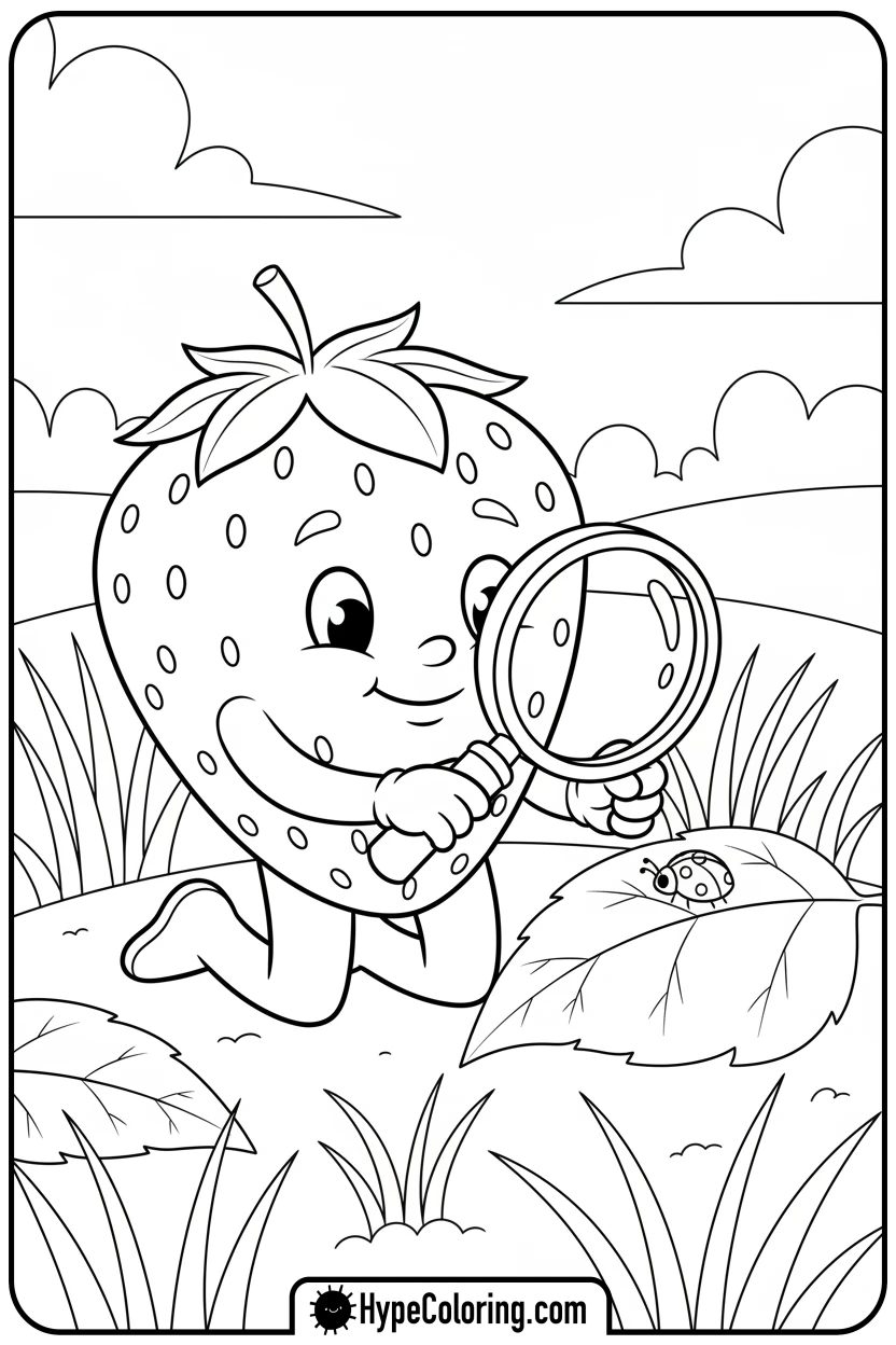 strawberry-examining-ladybug - coloring pages for strawberry