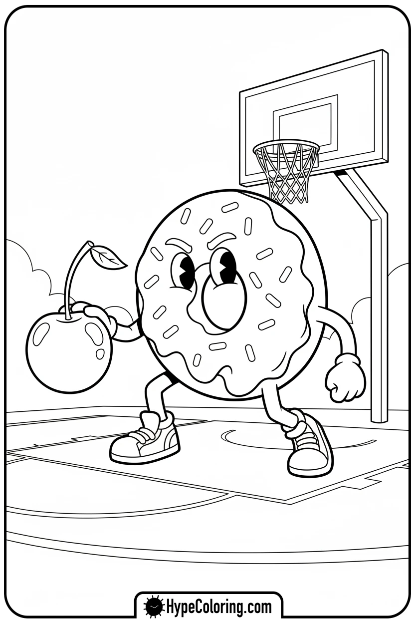 doughnut-playing-cherry-basketball - coloring pages of doughnuts