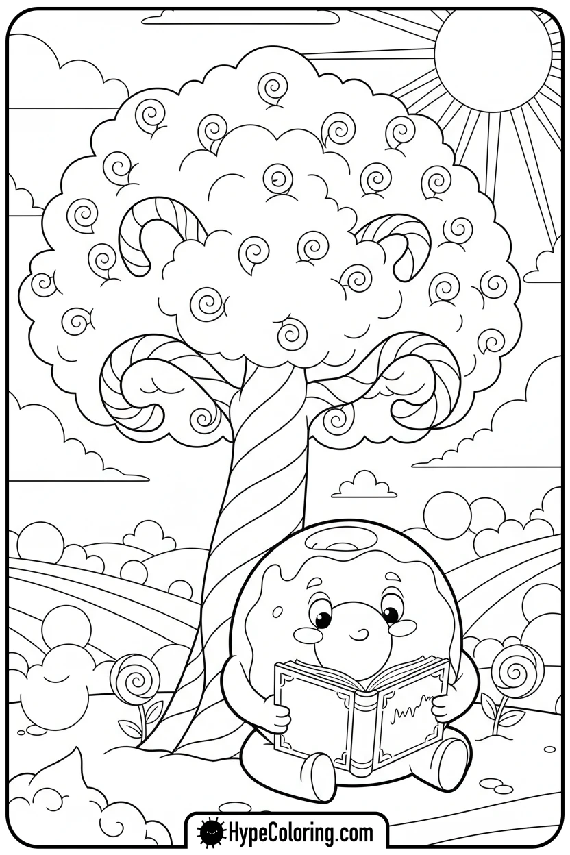 doughnut-reading-under-candy-cane-tree - coloring pages of doughnuts