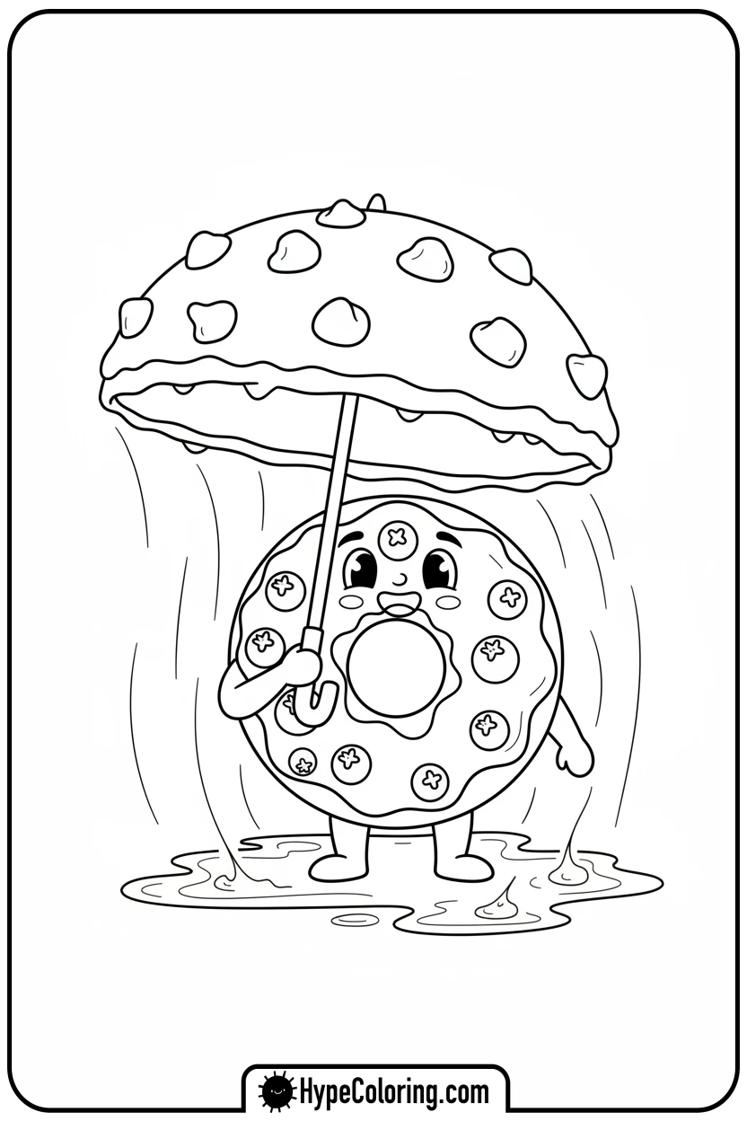 doughnut-with-cookie-umbrella-in-frosting-rain - coloring pages of doughnuts