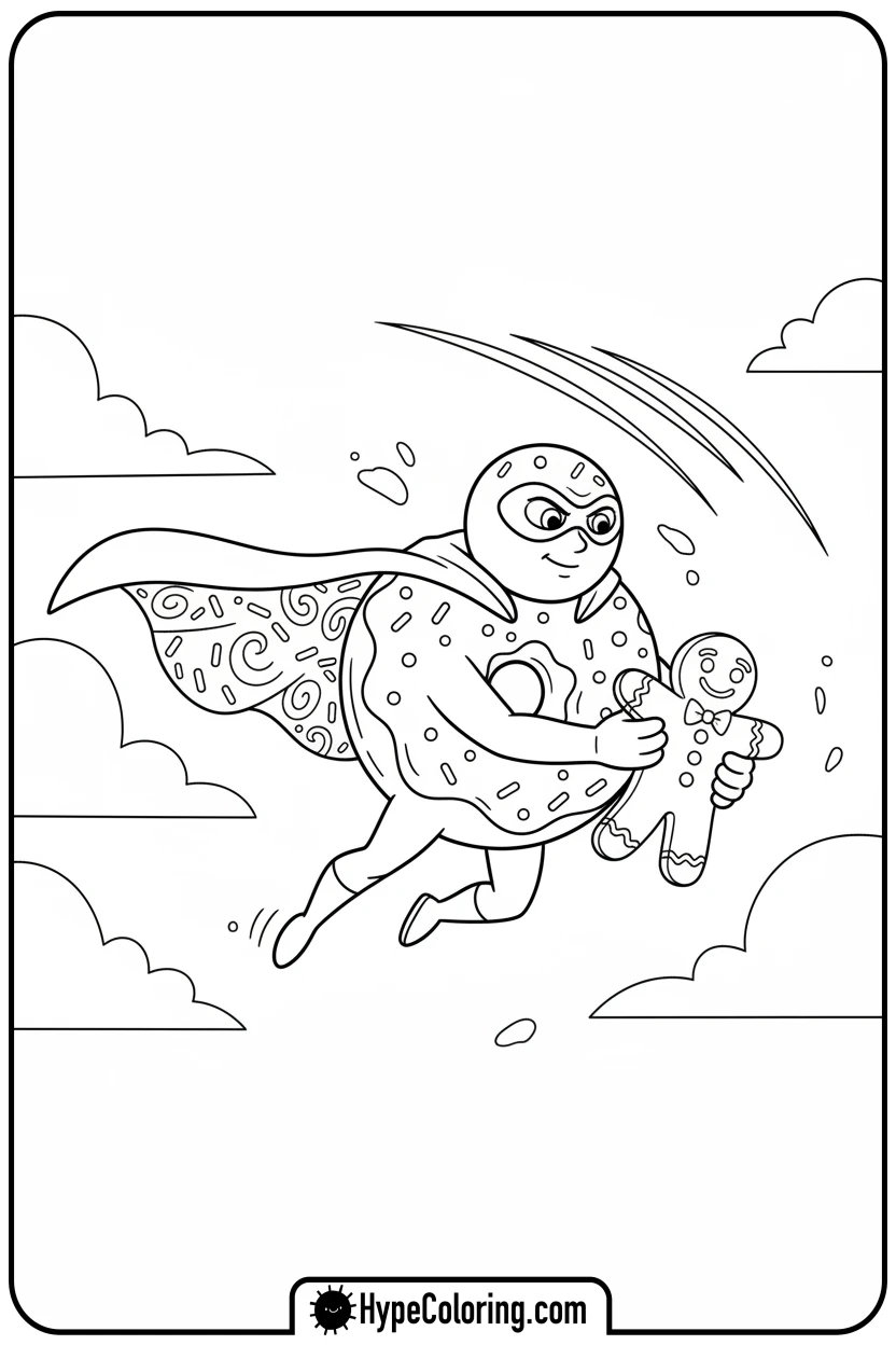 superhero-doughnut-rescuing-gingerbread-man - coloring pages of doughnuts