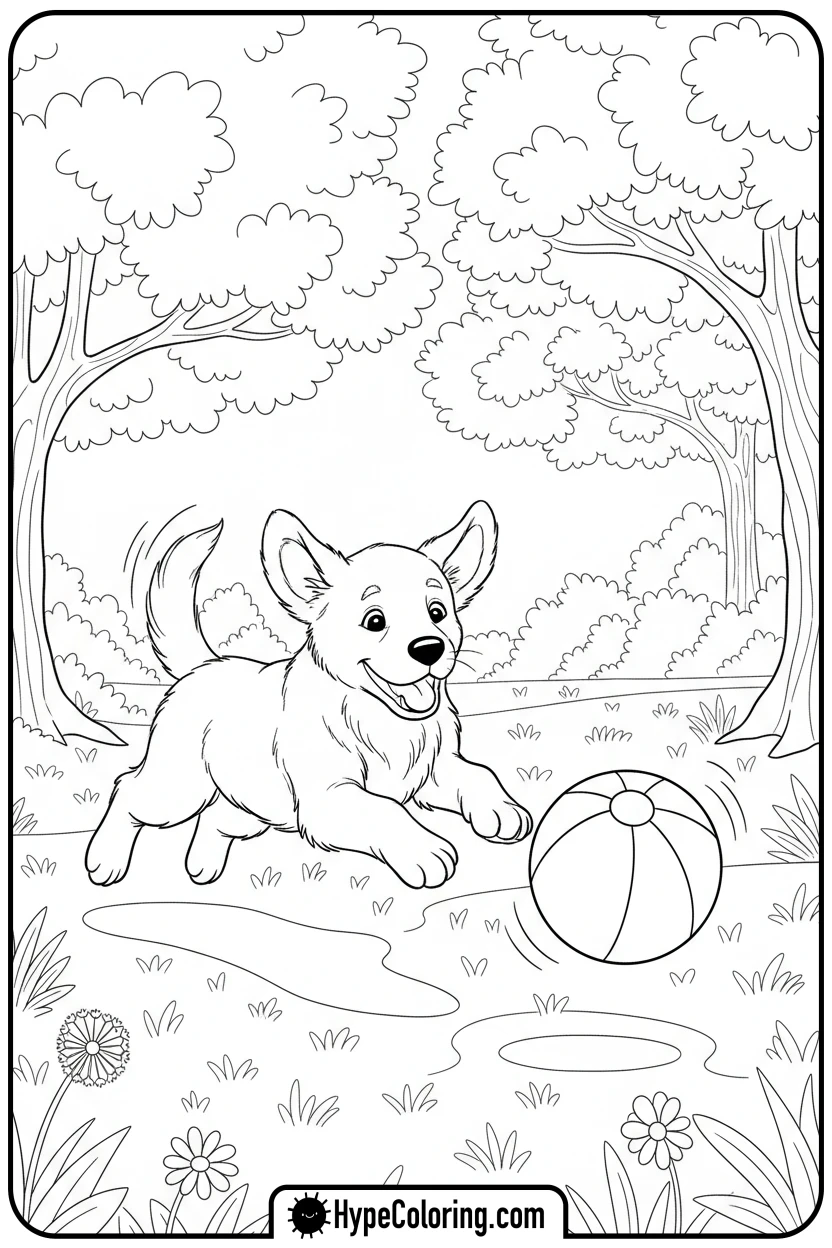 puppy-pouncing-on-striped-ball - dog coloring book pages