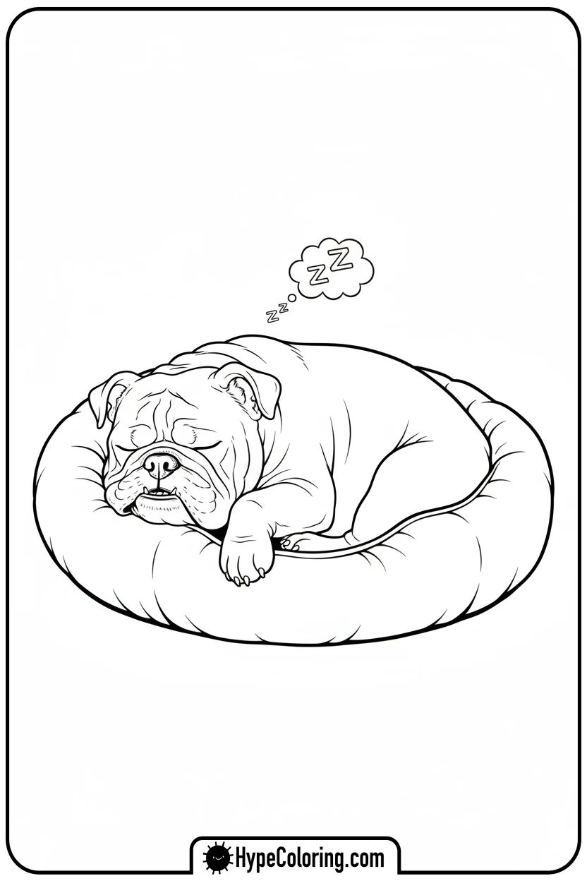 bulldog-sleeping-in-dog-bed - dog coloring book pages