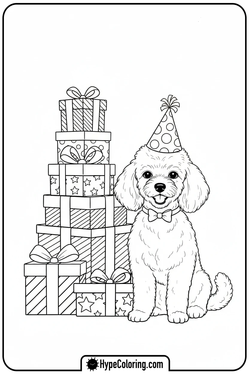 poodle-in-party-hat-with-presents - dog coloring book pages