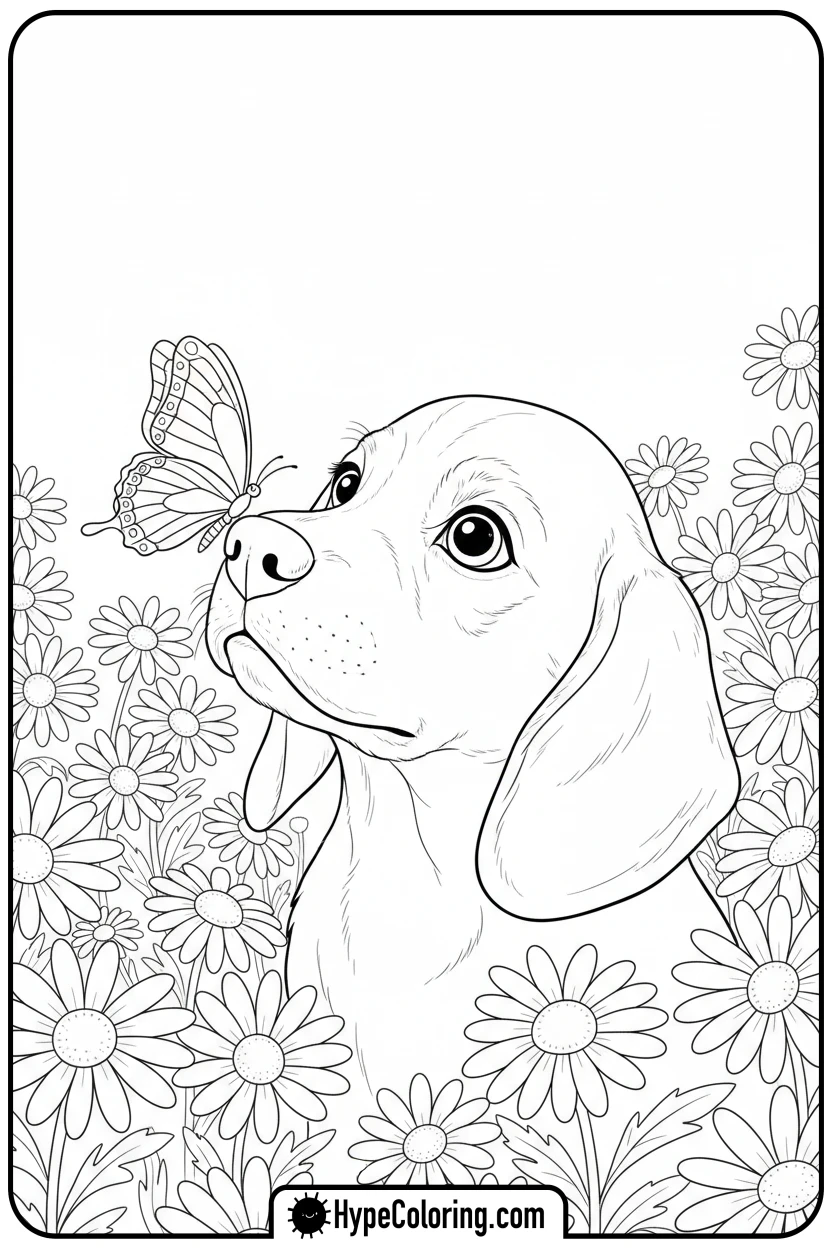 beagle-sniffing-a-butterfly - dog coloring book pages