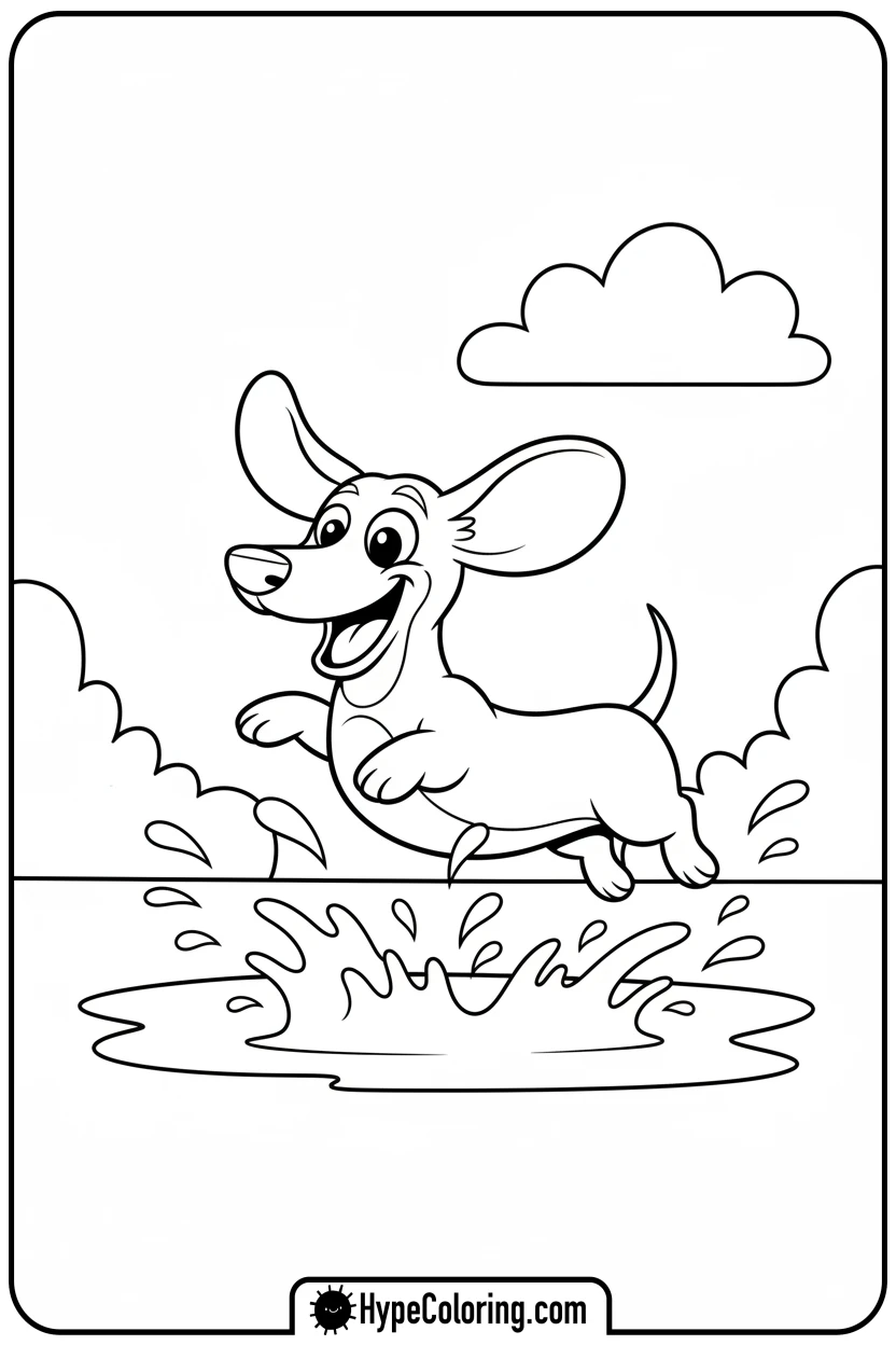 dachshund-splashing-in-puddle - dog coloring book pages