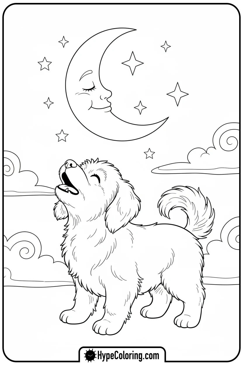 dog-howling-at-friendly-moon - dog coloring book pages