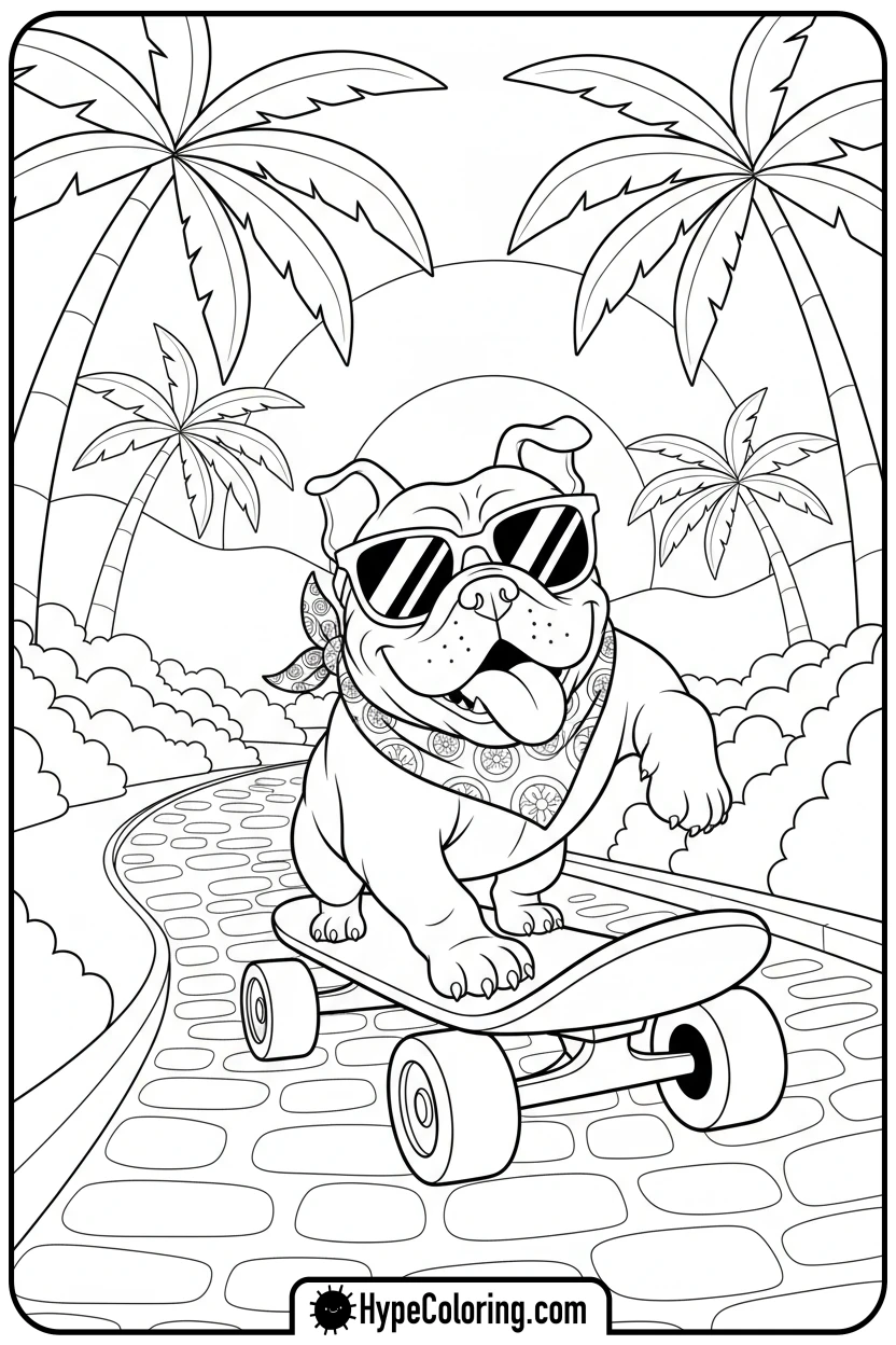bulldog-skateboarding-with-sunglasses - dog coloring book pages