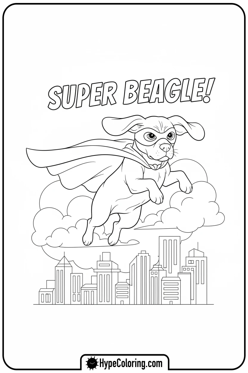 beagle-superhero-flying - dog coloring book pages