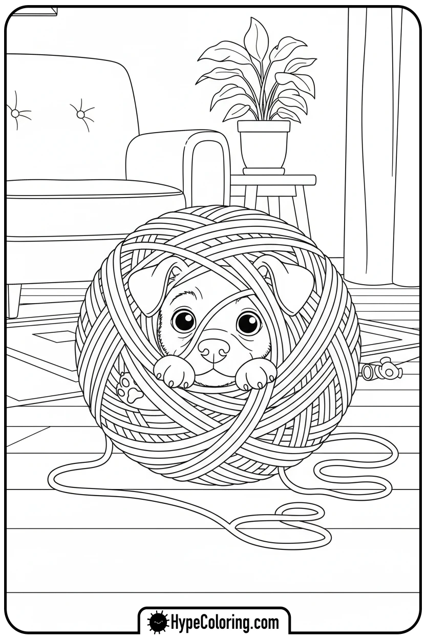 puppy-tangled-in-yarn - dog coloring book pages