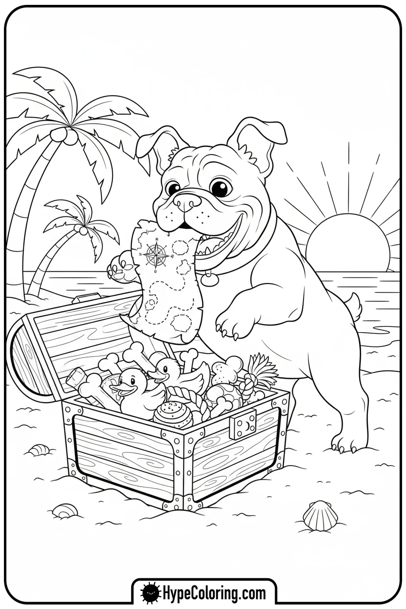 bulldog-finding-treasure-chest - dog coloring book pages
