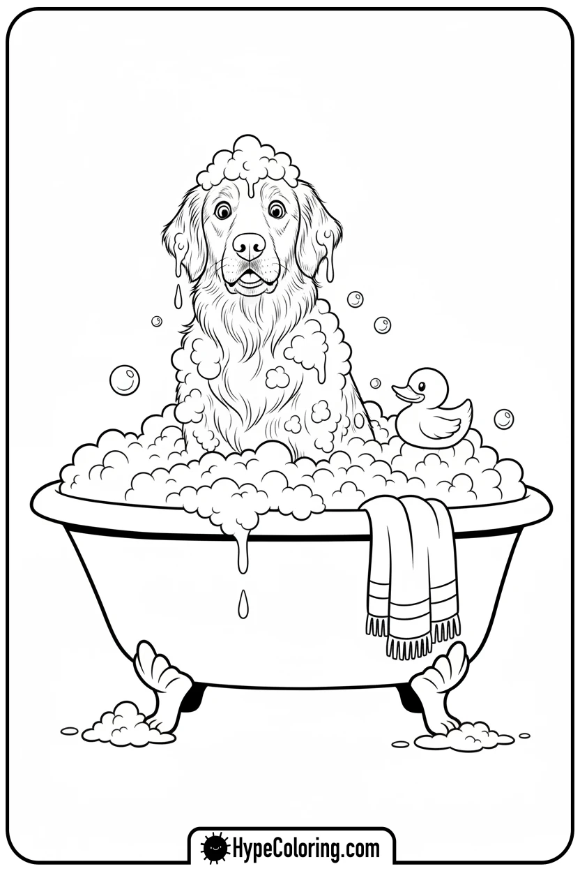 golden-retriever-in-bubble-bath - dog coloring book pages