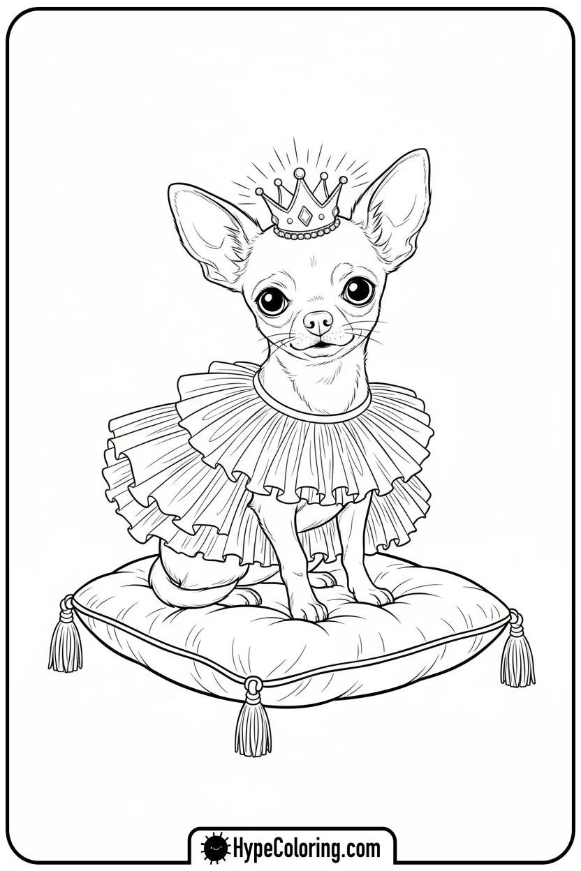 chihuahua-in-tutu-and-crown - dog coloring book pages