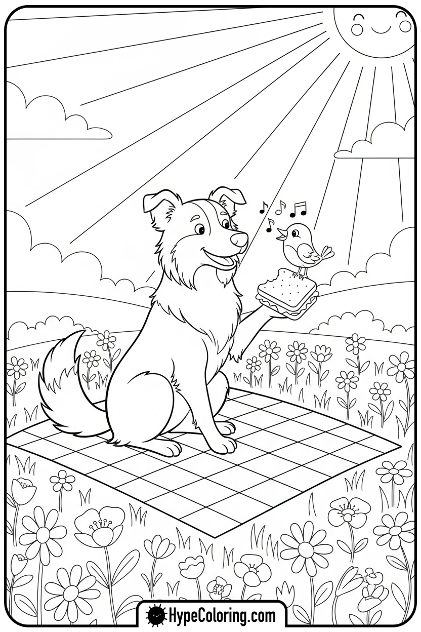 border-collie-at-picnic-with-bird - dog coloring book pages