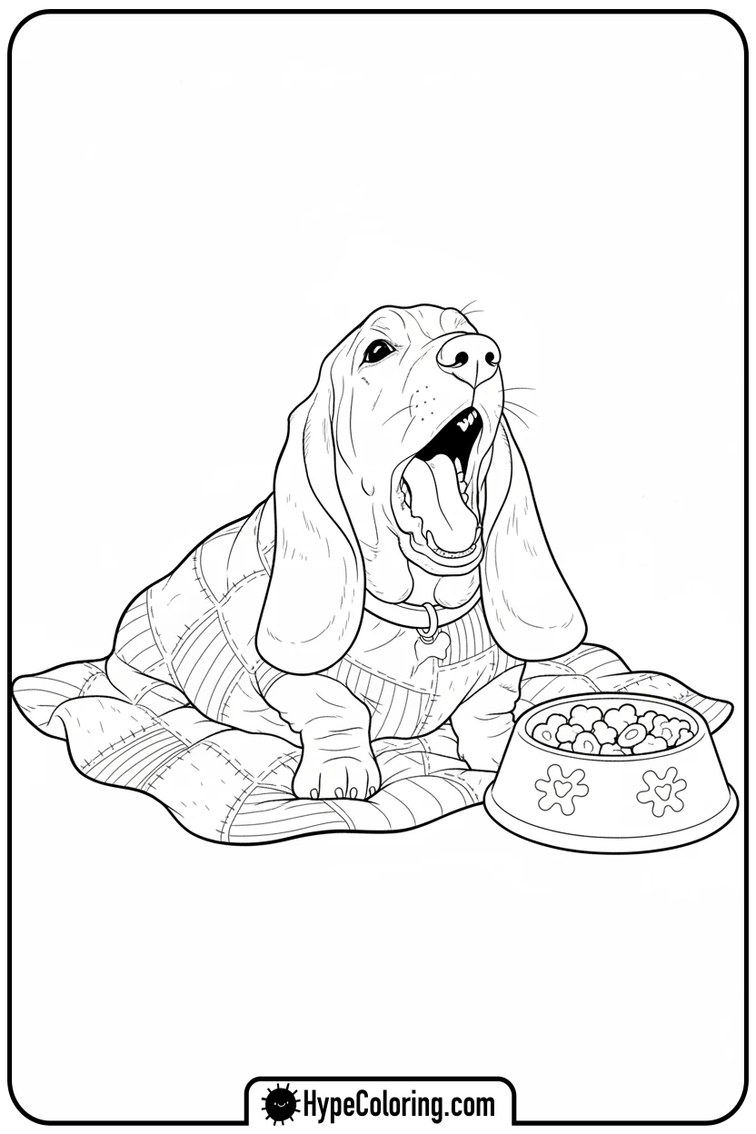 basset-hound-yawning-on-blanket - dog coloring book pages