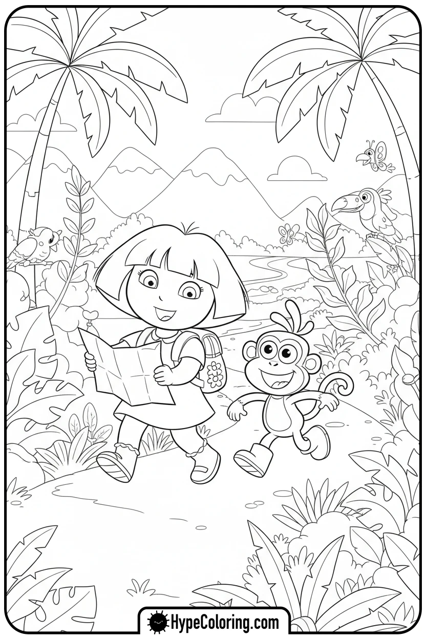 dora-and-boots-walking-with-map - dora the explorer coloring pages