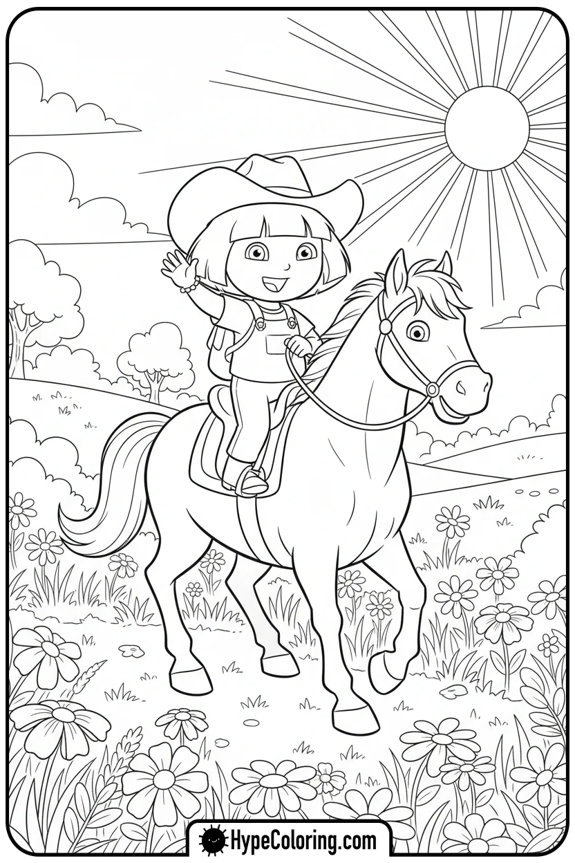 dora-riding-horse-in-meadow - dora the explorer coloring pages