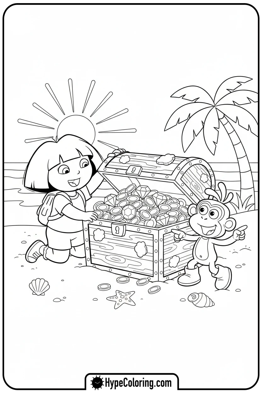 dora-and-boots-finding-treasure-chest - dora the explorer coloring pages