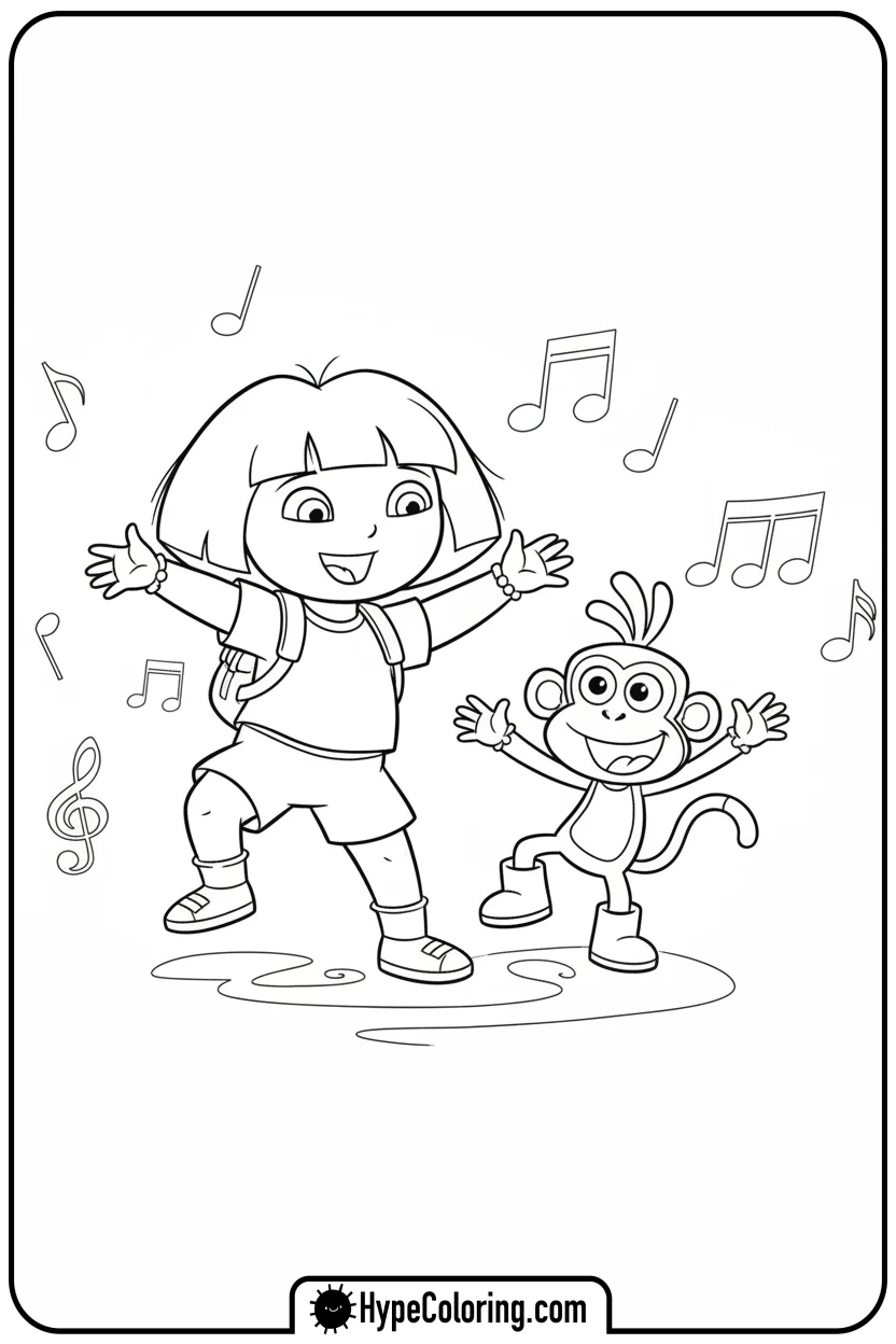 dora-and-boots-dancing-happily - dora the explorer coloring pages