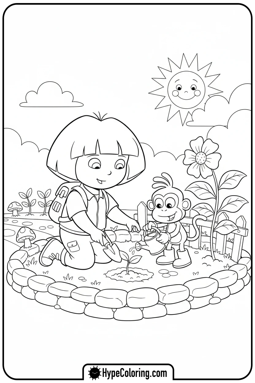 dora-planting-flowers-with-boots - dora the explorer coloring pages
