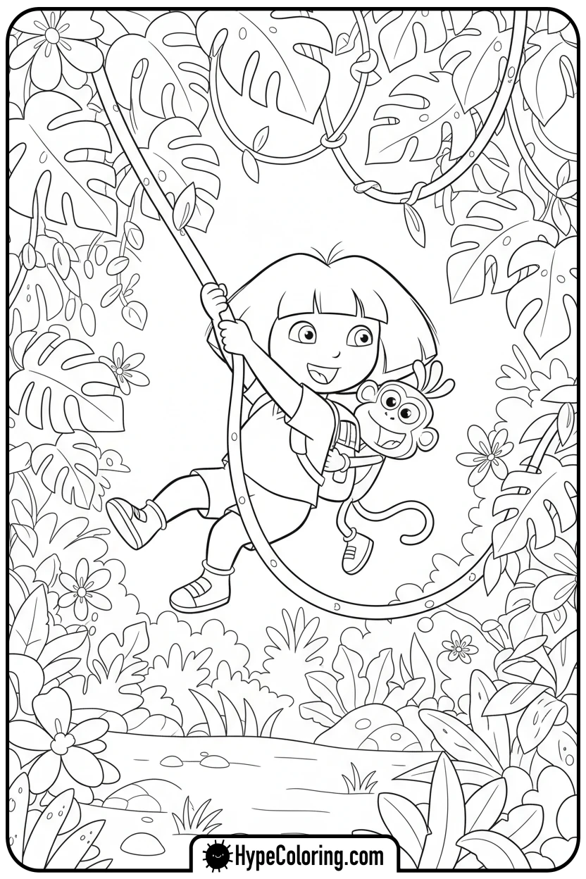 dora-swinging-on-jungle-vine - dora the explorer coloring pages