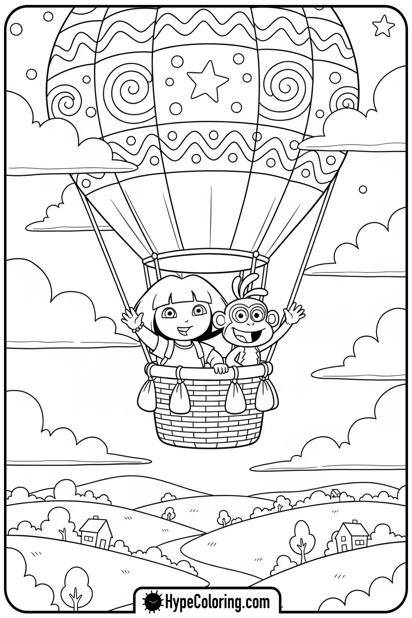 dora-and-boots-in-hot-air-balloon - dora the explorer coloring pages