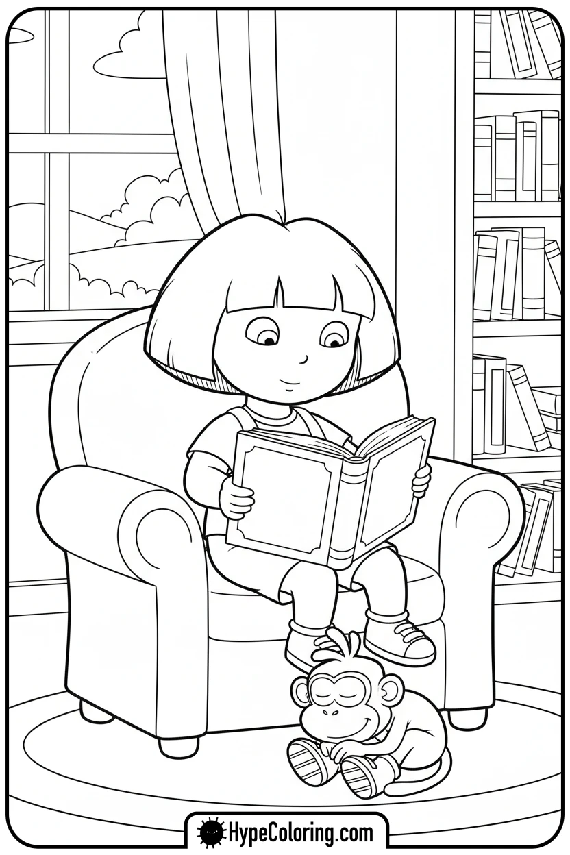 dora-reading-a-book-quietly - dora the explorer coloring pages