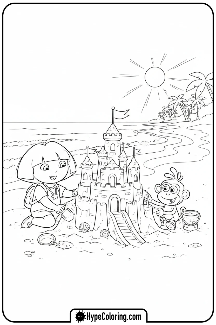 dora-and-boots-building-sandcastle - dora the explorer coloring pages