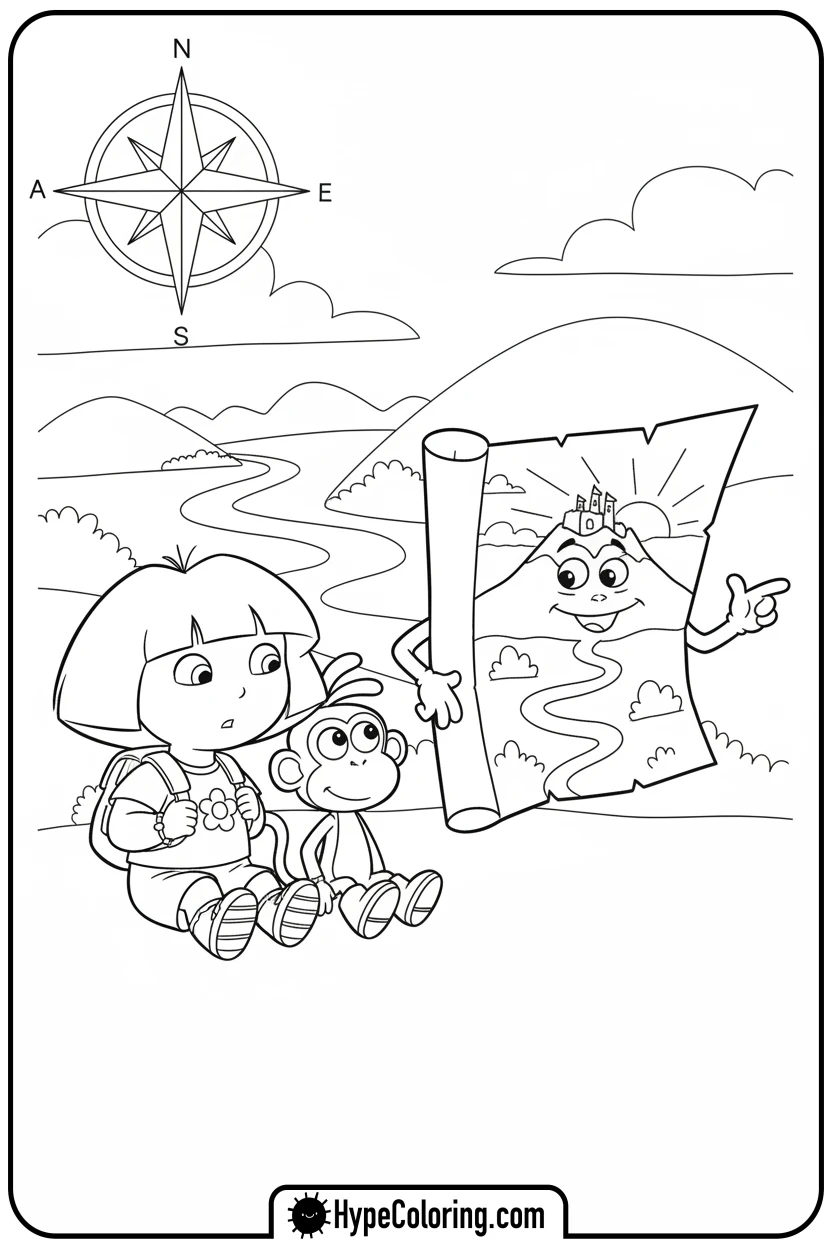dora-and-boots-listening-to-map - dora the explorer coloring pages