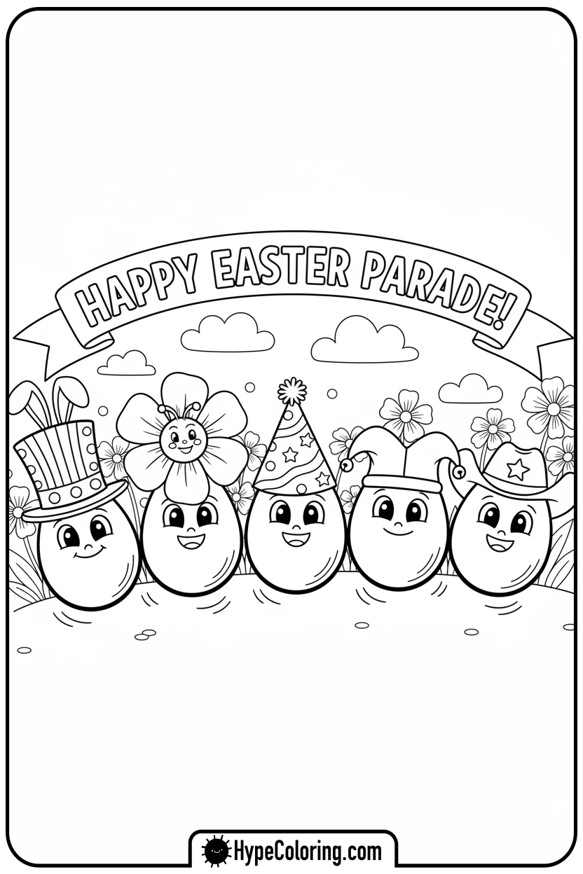 Click to download PDF easter-eggs-in-a-parade - easter egg coloring pages