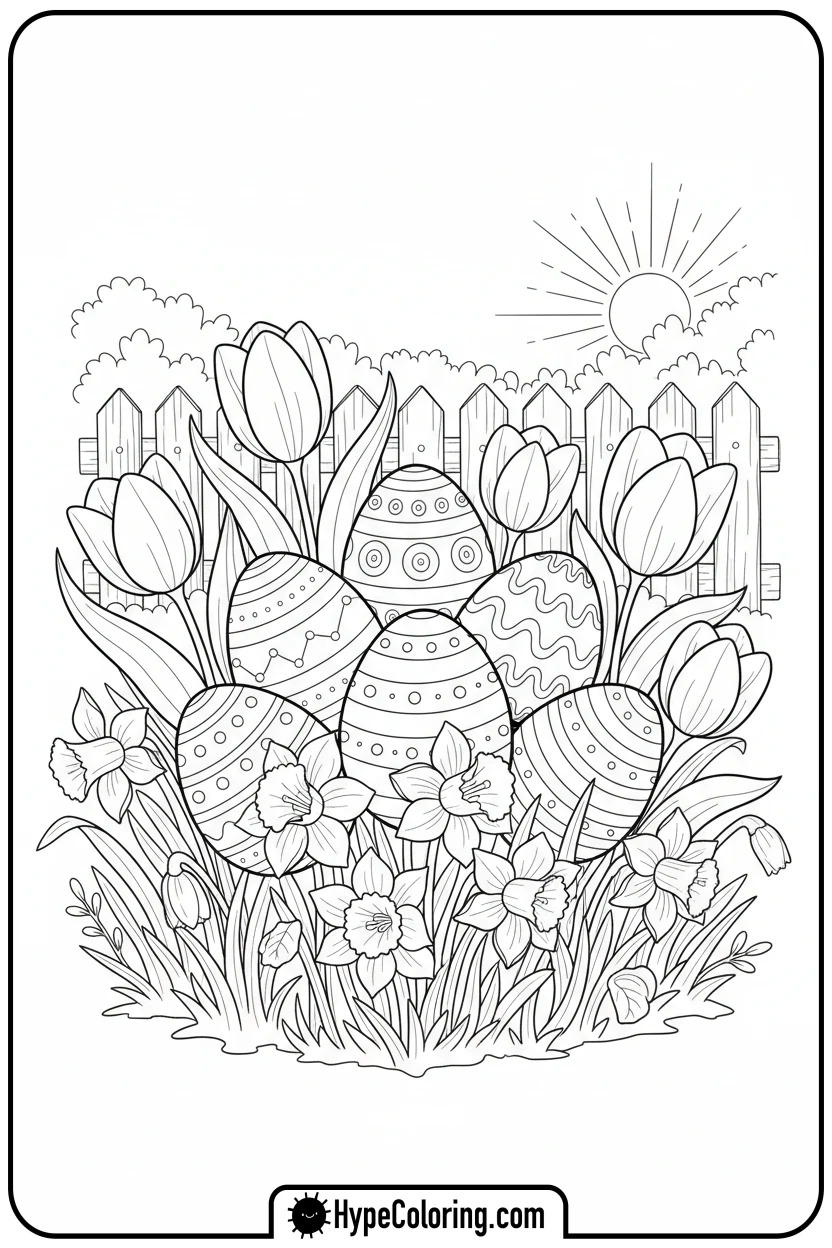 Click to download PDF easter-eggs-in-a-spring-garden - easter egg coloring pages