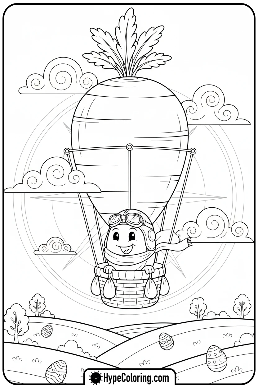Click to download PDF easter-egg-flying-in-carrot-balloon - easter egg coloring pages