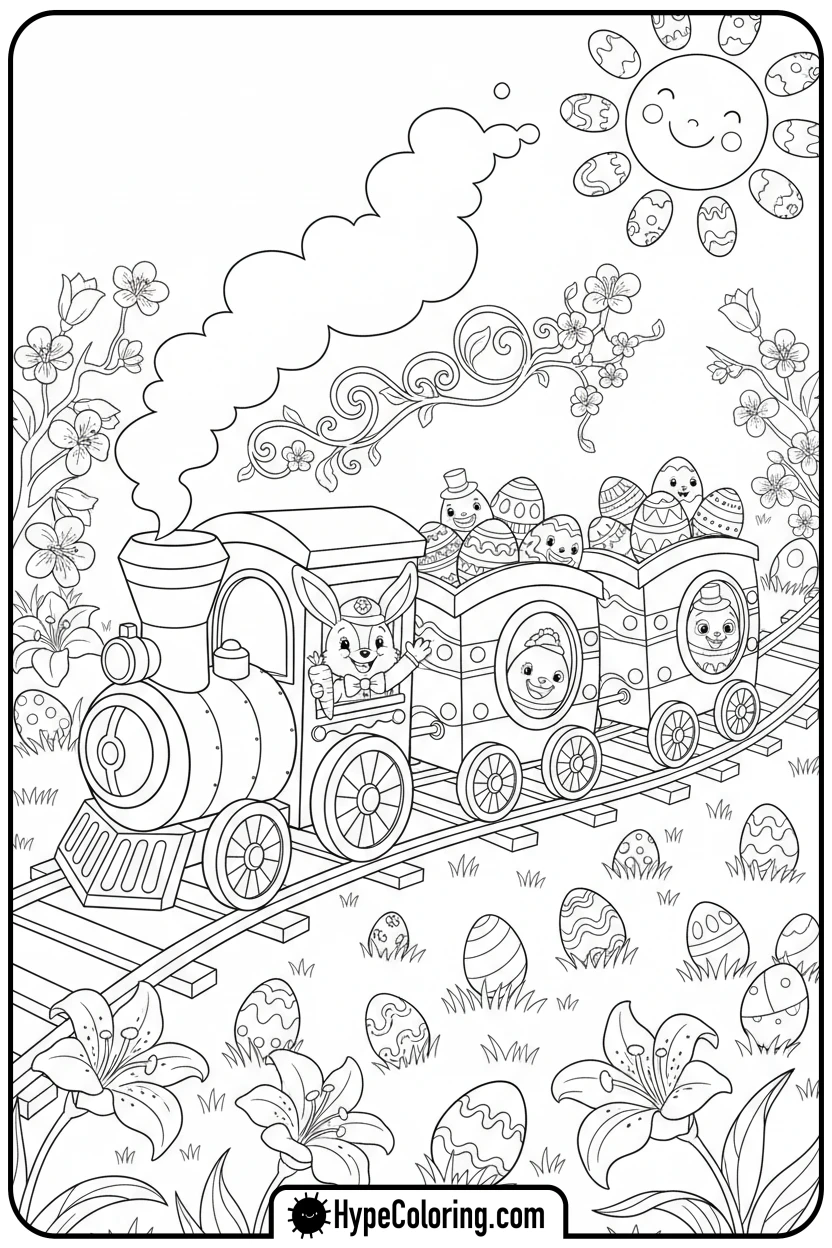 Click to download PDF easter-egg-train-with-bunny-conductor - easter egg coloring pages