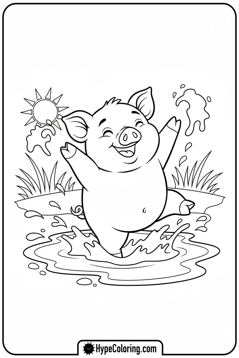 piglet-splashing-in-mud - farm animal coloring pages