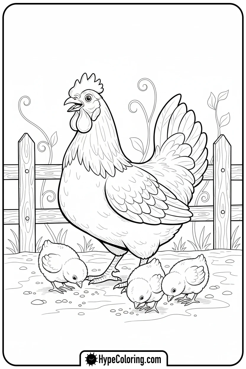 hen-with-chicks-pecking - farm animal coloring pages