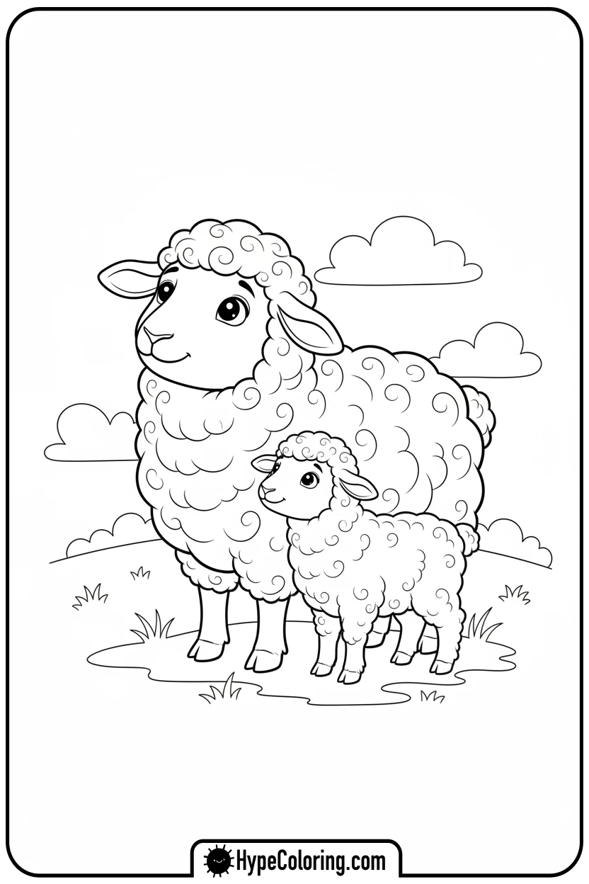 sheep-and-lamb-together - farm animal coloring pages