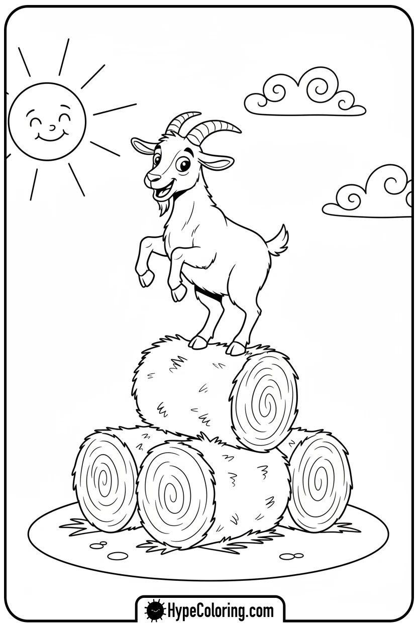 goat-on-hay-bales - farm animal coloring pages