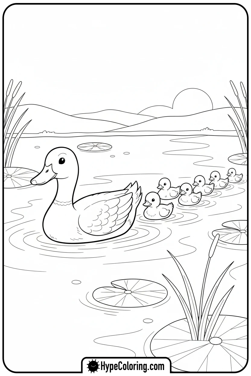 duck-with-ducklings-in-pond - farm animal coloring pages