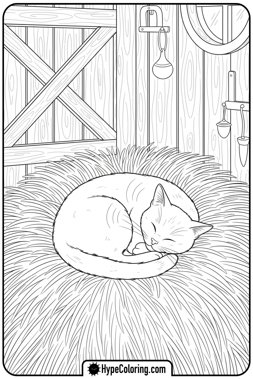 cat-sleeping-on-hay - farm animal coloring pages