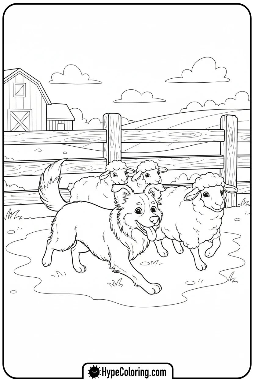 dog-herding-sheep - farm animal coloring pages